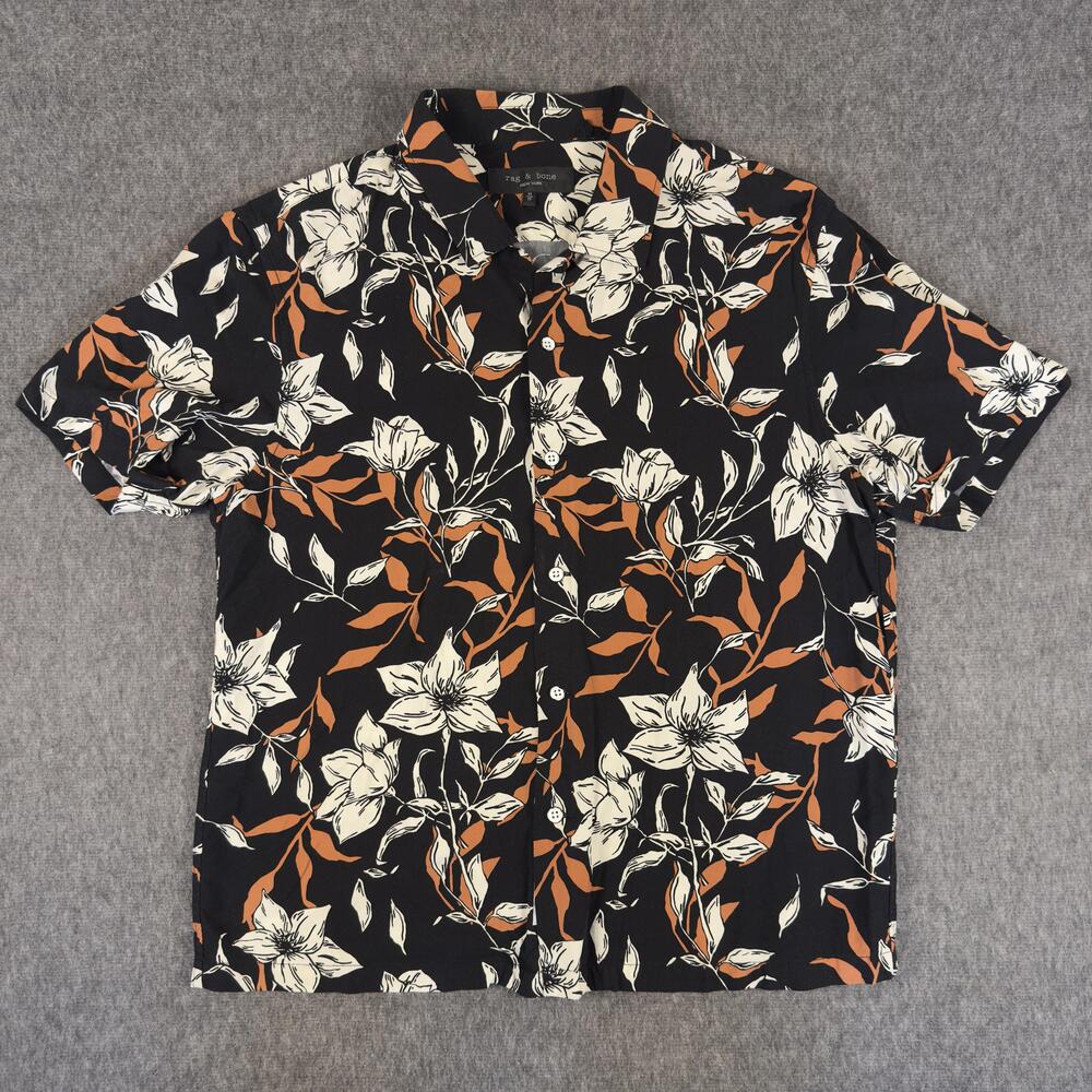 Rag & Bone Shirt Mens Medium Black Hawaiian Floral Short Sleeve Button Up Rayon